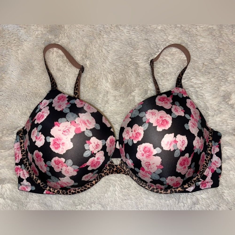 Victoria's Secret Black Bra with Pink Floral Print and Leopard Trim